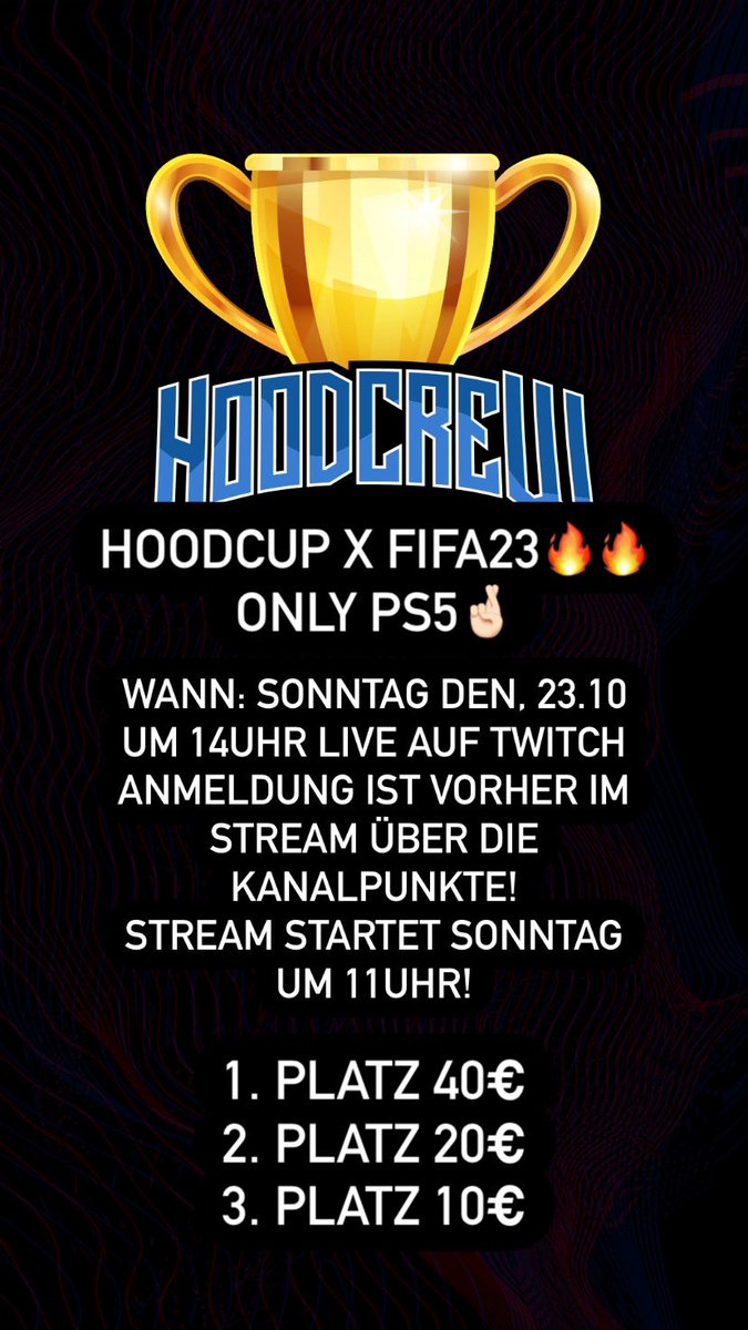 Moinsen! Heute findet der erste Hoodcup in Fifa23 statt. Crossplay Aktiv! Hart Bock. Anmeldung ab 11uhr im Stream möglich! Bis gleich💯🔥 #twitch #TwitchDE #twitchstreamer #FIFA #FIFA23 #fifaturnier #cup #turnier