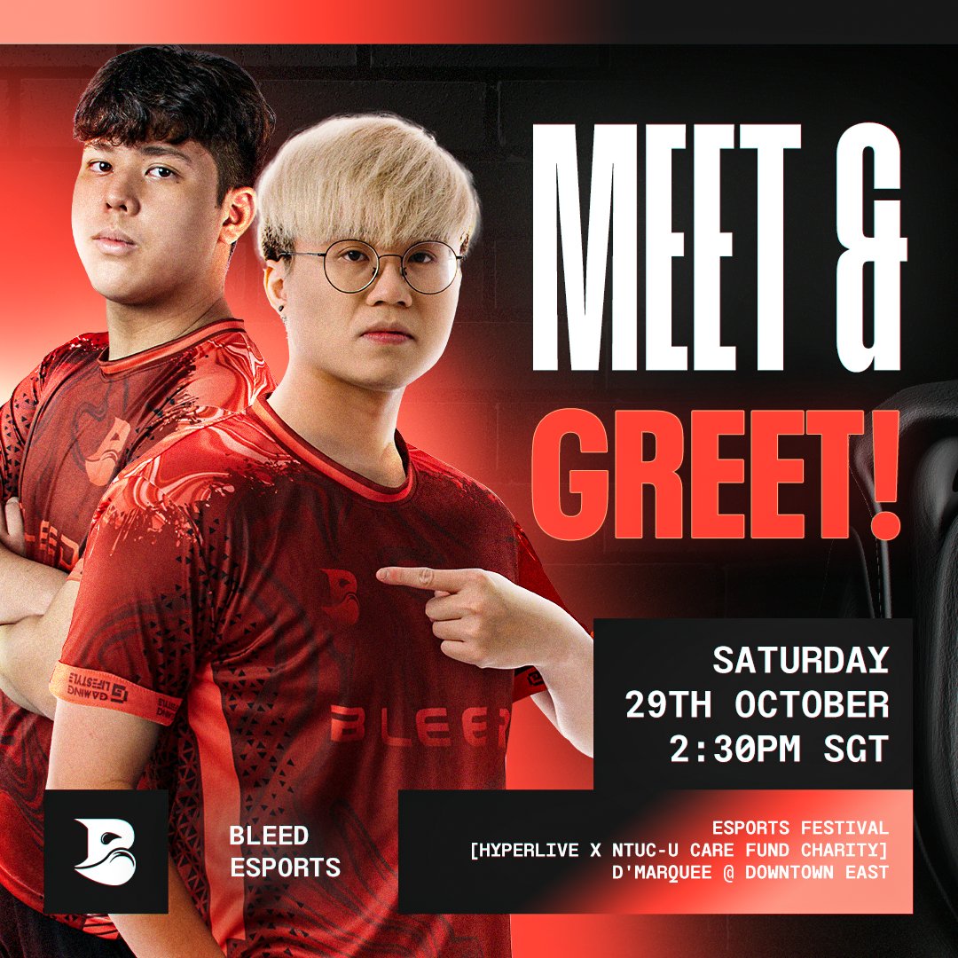 ggBleed's tweet photo. 📢 BLEED - MEET &amp; GREET 📢

📆 Saturday, 29th October
⏰ Bleed Meet &amp; Greet @ 2:30PM SGT
📺 https://t.co/vDoUDKya1F

🔹 Esports Festival [Hyperlive x NTUC-U care fund charity] 
🔹 D'Marquee @ Downtown East

Stand a chance to win attractive lucky draw prizes! 🎁 https://t.co/zecEDQsuPM