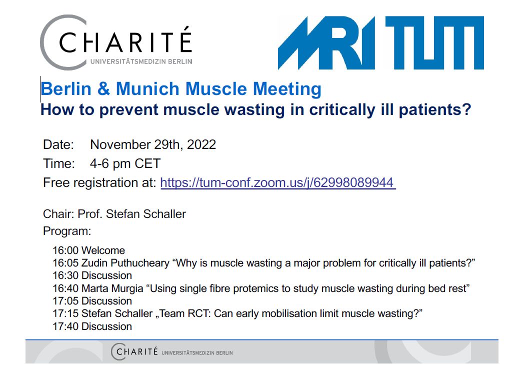 Muscle loss in critically ill patients on the ICU is a major clinical problem. Interested? Join the mini-symposium with Stefan Schaller, Zudin Puthucheary and Marta Murgia on the 29th of November. Register here tum-conf.zoom.us/j/62998089944. Please RT!