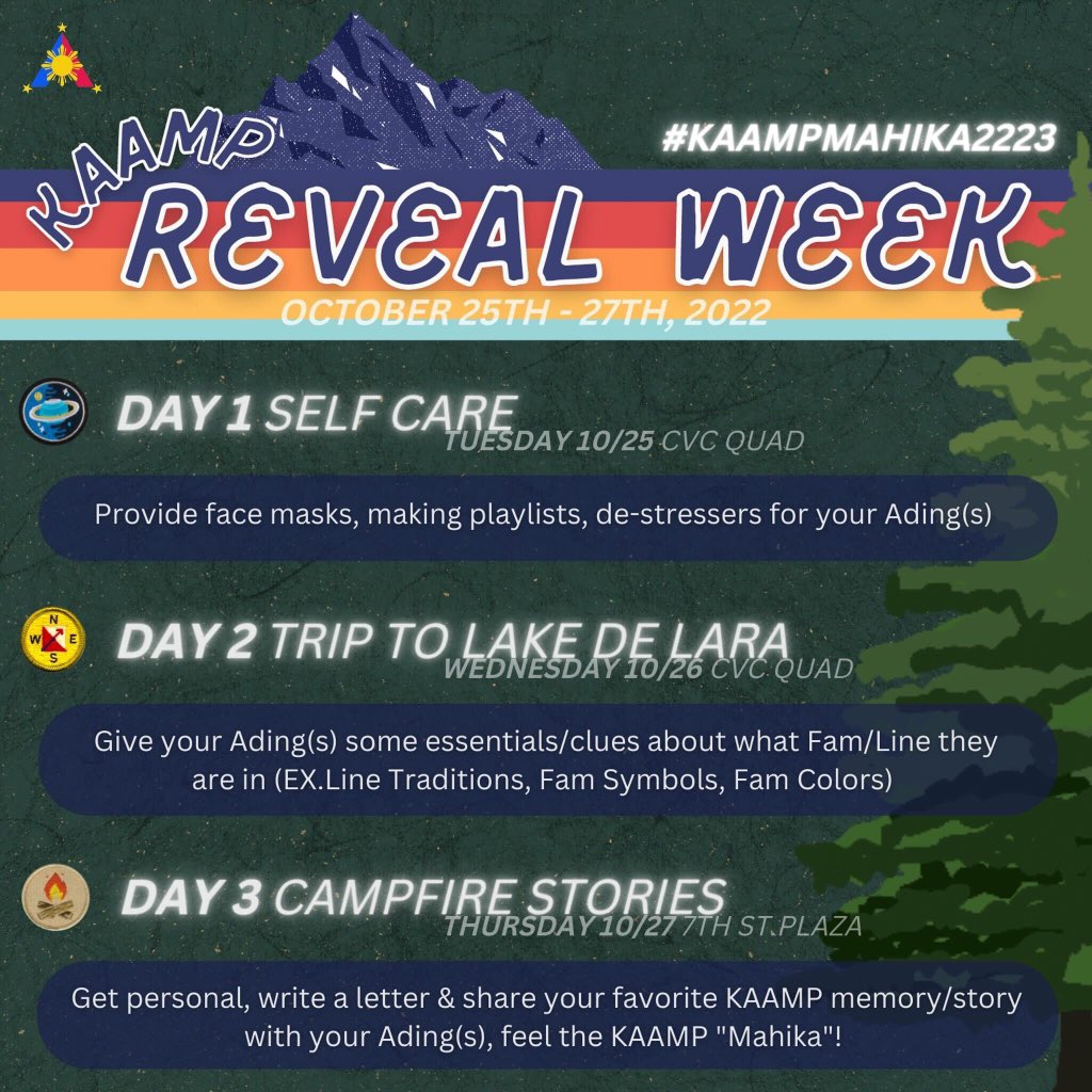 keanapinedaa's tweet photo. ‼️CALLING ALL KUYATES AND ADINGS‼️IT’S THAT TIME OF THE YEAR: KAAMP REVEAL WEEK!✨
Starting on Tuesday October 25th is the beginning of KAAMP Reveal! For Kuyates, follow the themes and drop off your clues at the designated location for your ading’s! 

✨Welcome to KAAMP Mahika✨ https://t.co/7bfszpRXbR