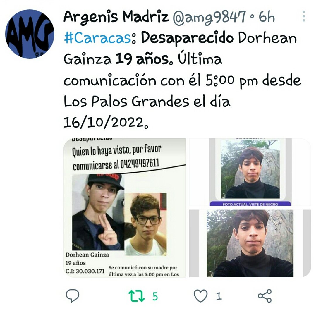 manuelita1504's tweet photo. #ServicioPúblico
Dorhean Gainza (19) vino de Puerto Ordaz a Caracas.
Está #Desaparecido desde el #16Oct. Visto por última vez en #LosPalosGrandes #Caracas
Se agradece cualquier información contactar a su familia por la cuenta Instagram: @amigo_desaparecido, o a las autoridades https://t.co/nUkoC427xG
