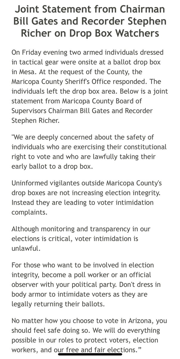 New photos from election officials show the 2 armed individuals outside AZ drop box Fri “Uninformed vigilantes outside Maricopa County's drop boxes are not increasing election integrity. Instead they are leading to voter intimidation complaints” said @billgatesaz @stephen_richer