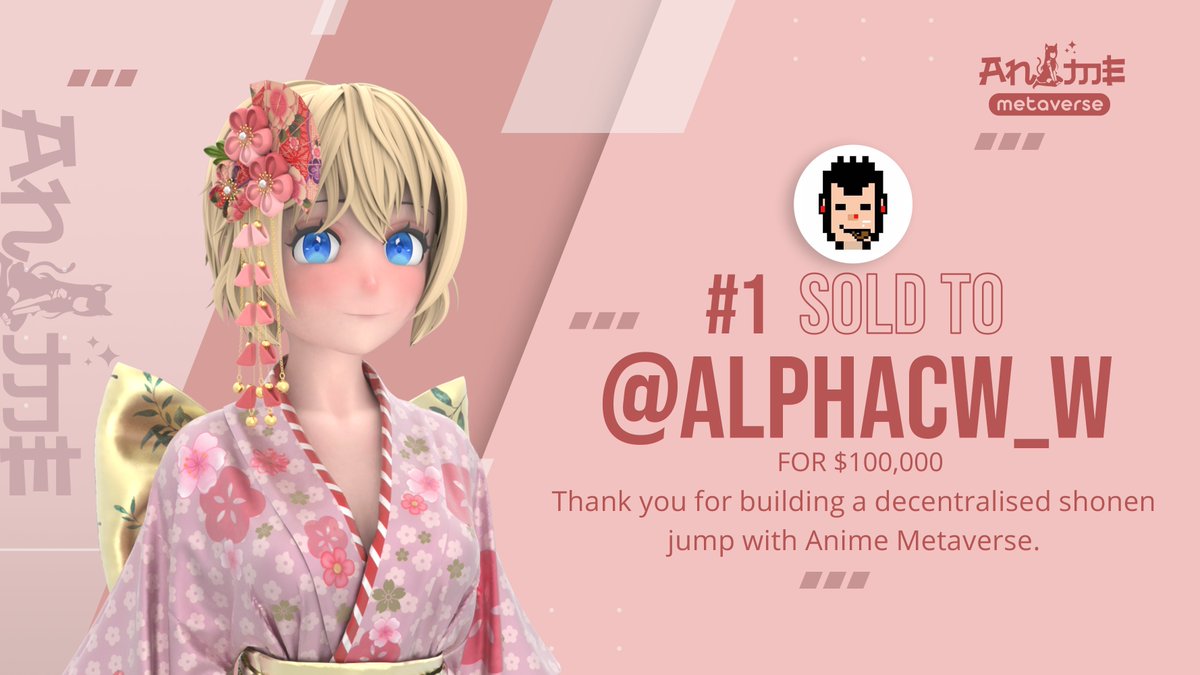 _AnimeMtaverse_'s tweet photo. Thank you @alphacw_w for buying our 1st 1/1 for $100,000 and believing in our vision: https://t.co/z8sP4HCizd

13 1/1s sold, 2 kept in the AM Treasury. 

Giving out 2x Pinklists: Like, RT and tag 3 friends who want to join AM https://t.co/3vSuDCtQwF