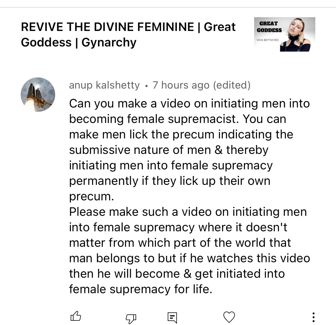 sunrisefall's tweet photo. Me: speaking about Gynarchy, about Divine Feminine in religion
Men: can I lick my precum? 

Dude, suck your own cock, how do your fetishes help Women? https://t.co/wJdX84BNDo