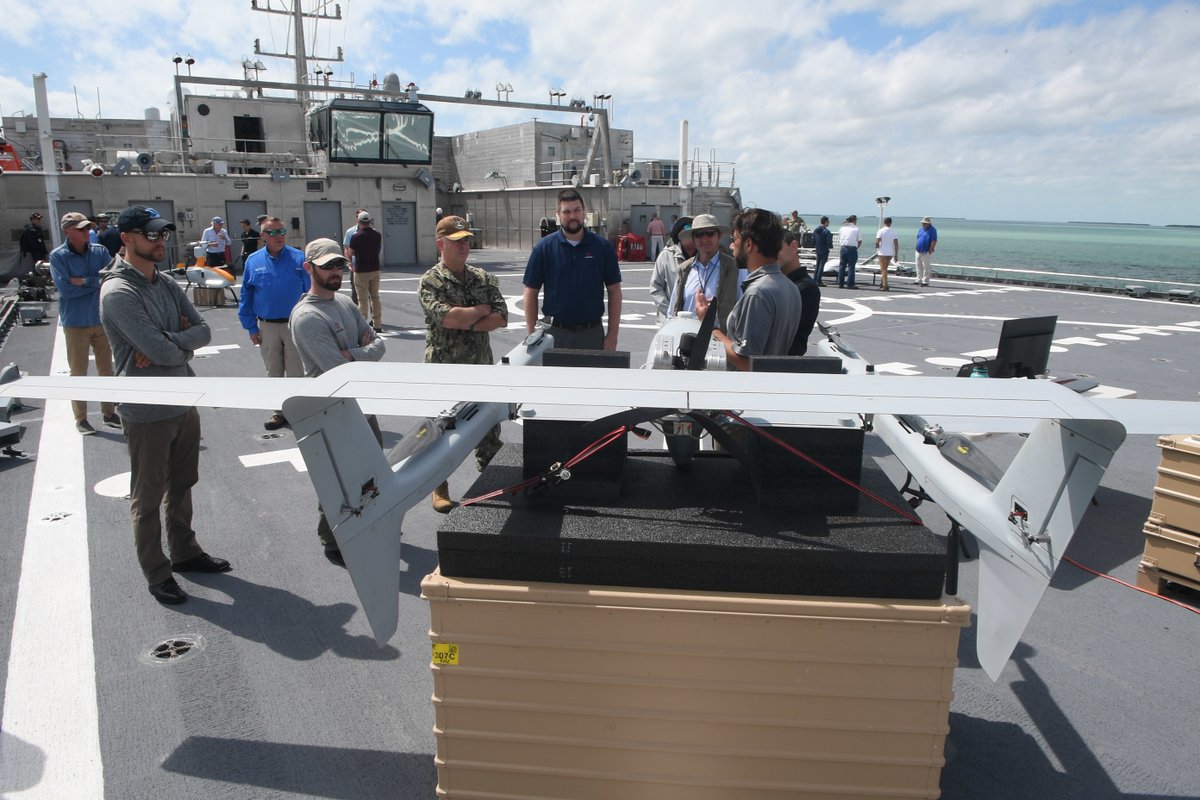 NAVSOUS4THFLT's tweet photo. Fleet of Innovation! @NAVSOUS4THFLT Reserve Vice Commander Rear Adm. Doug Sasse sees four civilian unmanned aerial systems aboard the USNS Burlington during the Navy’s Fleet Experimentation Program (FLEX). FLEX aims to bring technology to bear to increase warfighter capabilities. https://t.co/Qdm8ClNKnh