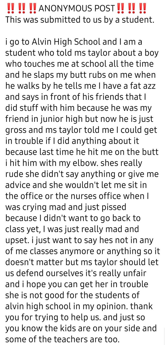 justicejanie00's tweet photo. Another Alvin High survivor has come to share. We're sorry for what you've experienced. THIS is why we Fight! #AnonymousPost #survivprsstoriesalvin #JusticeforJanie #alvinisd #metool12 #AlvinISD a https://t.co/jk9RB7v03I