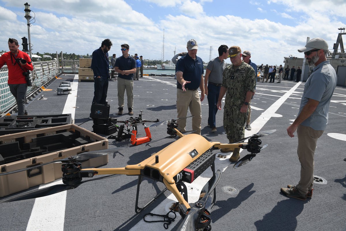 NAVSOUS4THFLT's tweet photo. Fleet of Innovation! @NAVSOUS4THFLT Reserve Vice Commander Rear Adm. Doug Sasse sees four civilian unmanned aerial systems aboard the USNS Burlington during the Navy’s Fleet Experimentation Program (FLEX). FLEX aims to bring technology to bear to increase warfighter capabilities. https://t.co/Qdm8ClNKnh