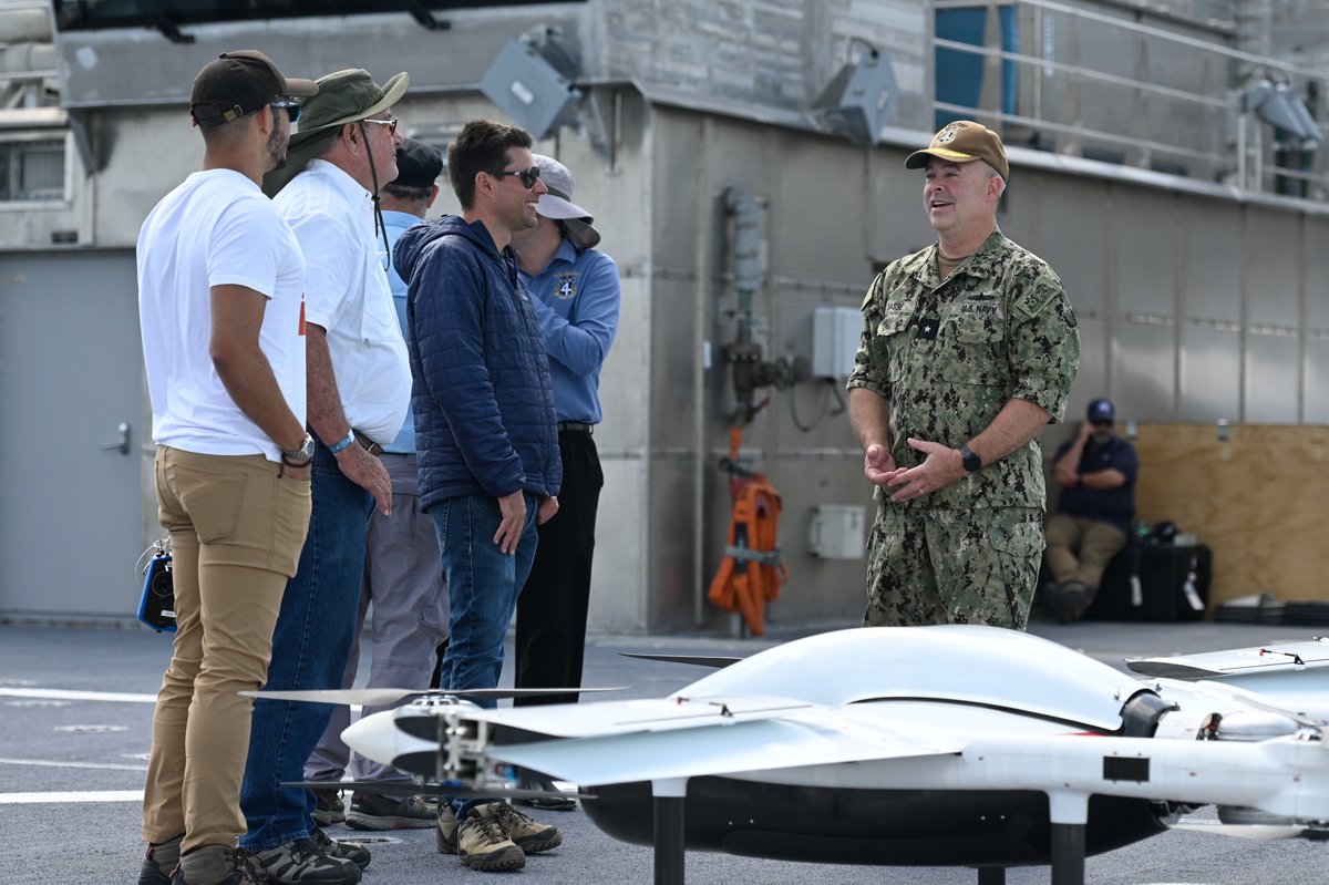 NAVSOUS4THFLT's tweet photo. Fleet of Innovation! @NAVSOUS4THFLT Reserve Vice Commander Rear Adm. Doug Sasse sees four civilian unmanned aerial systems aboard the USNS Burlington during the Navy’s Fleet Experimentation Program (FLEX). FLEX aims to bring technology to bear to increase warfighter capabilities. https://t.co/Qdm8ClNKnh