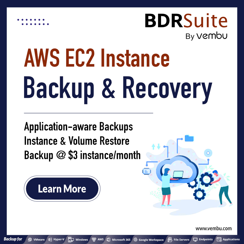 vembutech's tweet photo. Achieve complete data protection for your #AWS #EC2 Instances using Vembu #BDRSuite. Automatically #backup instances and restore either at the instance or volulme level. Click this link to learn more. https://t.co/lRQLyLNphT
#AWSbackup #EC2instances #dataprotection https://t.co/xbbUXDOGms