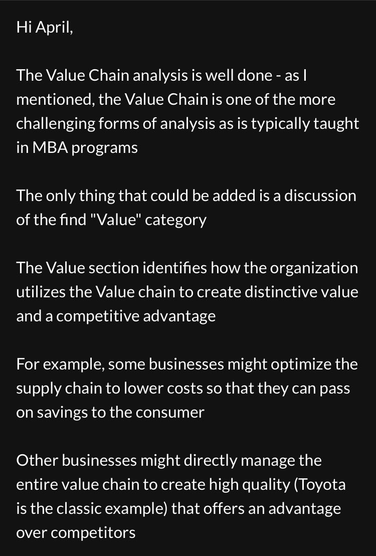 aprilthedreamer's tweet image. Excuse me while I take a moment to be proud of myself &amp;amp; allow some confidence to seep in. I was stressing #sohard about the #ValueChainAnalysis I did for our business report &amp;amp; my prof. left a comment on our submission saying that it was “perfectly effective”, so I emailed him 🤣