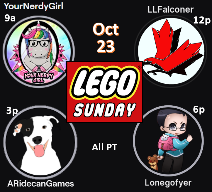 #LEGOSunday Raid Train 🧱🚂
#LEGO, Positivity & Chill Chat

9a @_yournerdygirl_
12p @llfalcon
3p @AridecanG
6p @lonegofyer
All PT

Twitch.tv/yournerdygirl
Twitch.tv/LLFalconer
Twitch.tv/ARidecanGames
Twitch.tv/Lonegofyer