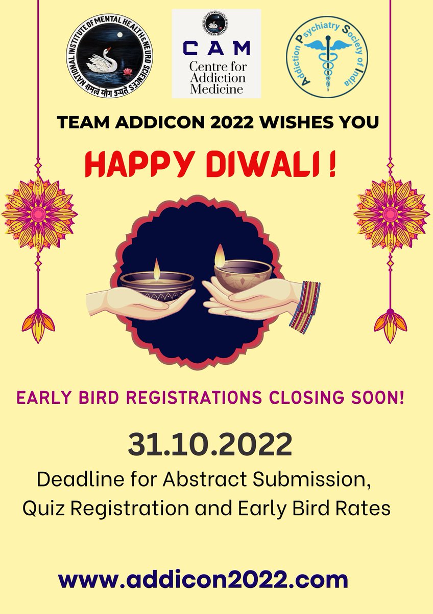 addicon2022's tweet photo. Team ADDICON 2022 wishes everyone a safe and joyful Diwali !!!

Deadlines for quiz registration and scientific abstract submission is 31.10.2022. Attractive prizes and awards. 

Register today at: https://t.co/492h70Legm https://t.co/JFhJIIjdnH