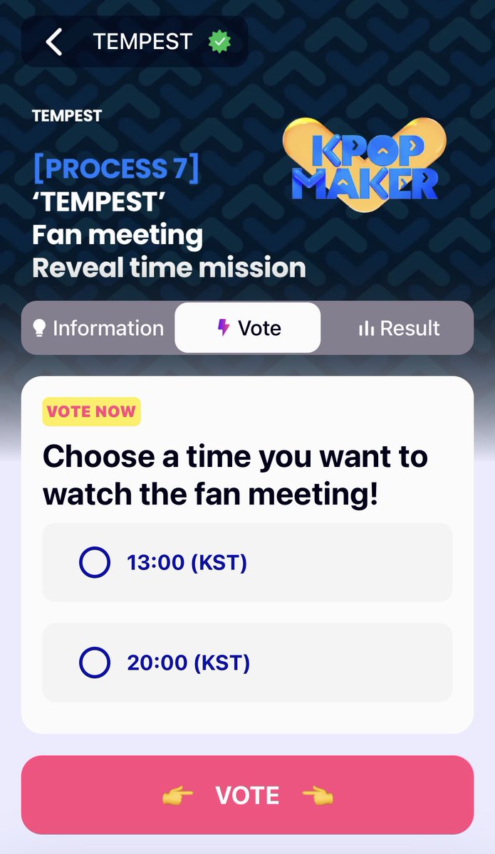 TEMPESTVOTING's tweet photo. [ K-POP MAKER ]

PROCESS 7 OPEN

Voting period: 
221020 - 221027 | 3PM KST

Make sure you are logged in with your email and then click to vote on TEMPEST process page! Each user can vote once per day

🔗: https://t.co/7bOF96muXi

#TEMPEST #템페스트 https://t.co/3OvEJWd7KB
