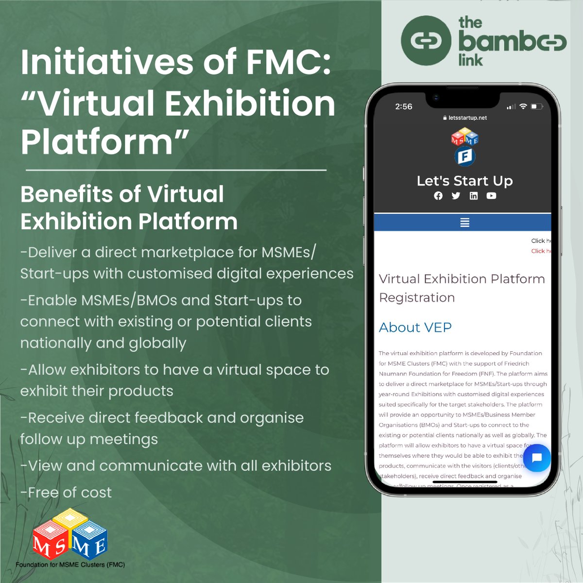 thebamboolink's tweet photo. VEP is a project of FMC that gives exhibitors a virtual space to exhibit their products and receive direct feedback.

#TheBambooLink is developed by FMC in partnership with EC, SIDBI, Switch Asia, CEMCA, and CBS.

Visit https://t.co/XZZTwRXb5n

#bamboobusiness #bambooproducts https://t.co/8P5sjhfC9q