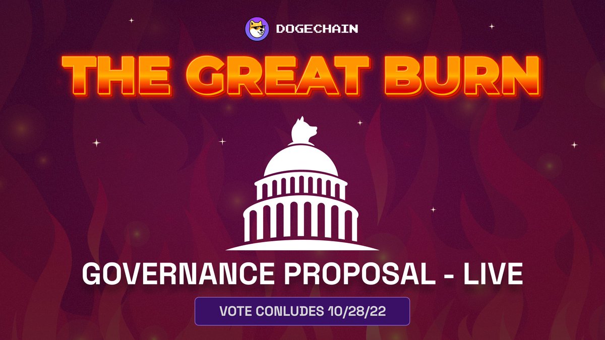 The Great Burn of 2022 Vote is now LIVE 🔥
 
Do you want the Dogechain foundation to burn 80% of the total supply and reduce the vesting period of Early Shibes airdrop from 48 to 6 months? YES/NO ✅ ❌ 

🗳 Full proposal overview and vote:

🌐  dogegress.dog