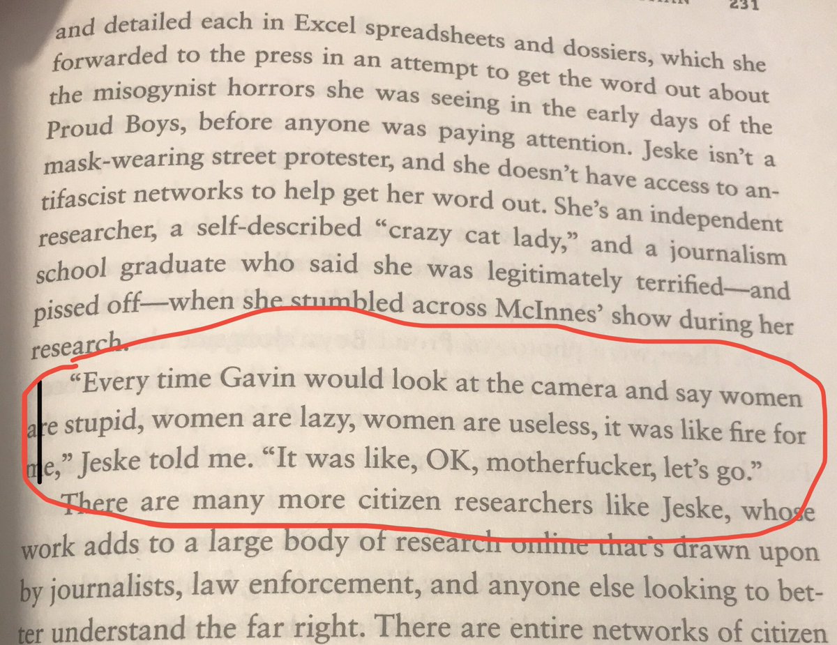 This is from @AndyBCampbell book on the Proud Boys. This is 1000% true. Gavin McInnes would trash my gender with every other breath and it honestly just lit the fire inside of me. I’m not stupid or lazy and I hate white supremacy.