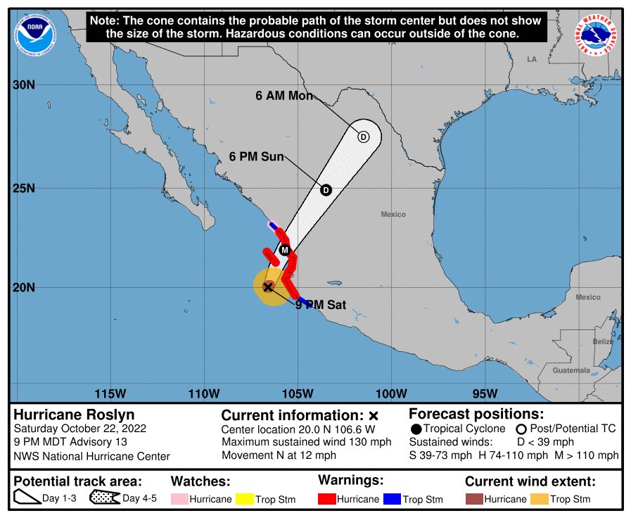 tornadokid3's tweet photo. Hurricane Roslyn Advisory Number  13
NWS National Hurricane Center Miami FL       EP192022
900 PM MDT Sat Oct 22 2022

...ROSLYN EXPECTED TO BRING STRONG WINDS, A DANGEROUS STORM SURGE,
AND FLOODING RAINS TO PORTIONS OF WEST-CENTRAL MEXICO TONIGHT AND
SUNDAY... https://t.co/KfP00sBDtb
