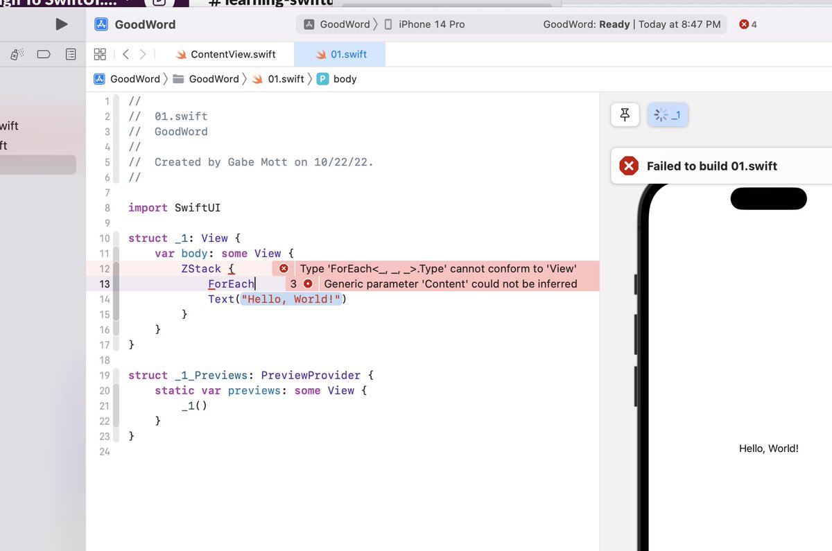 gabemott's tweet image. Honestly at times, Xcode can be triggering for me. Not to make light of legit #PTSD but when I get hit w/ multiple errors like this, I actually feel bad.
Thanks for the support. #learningSwiftUI
I thought we was just playing. #SwiftUI
I hadn't even finished the line of code. ꠪