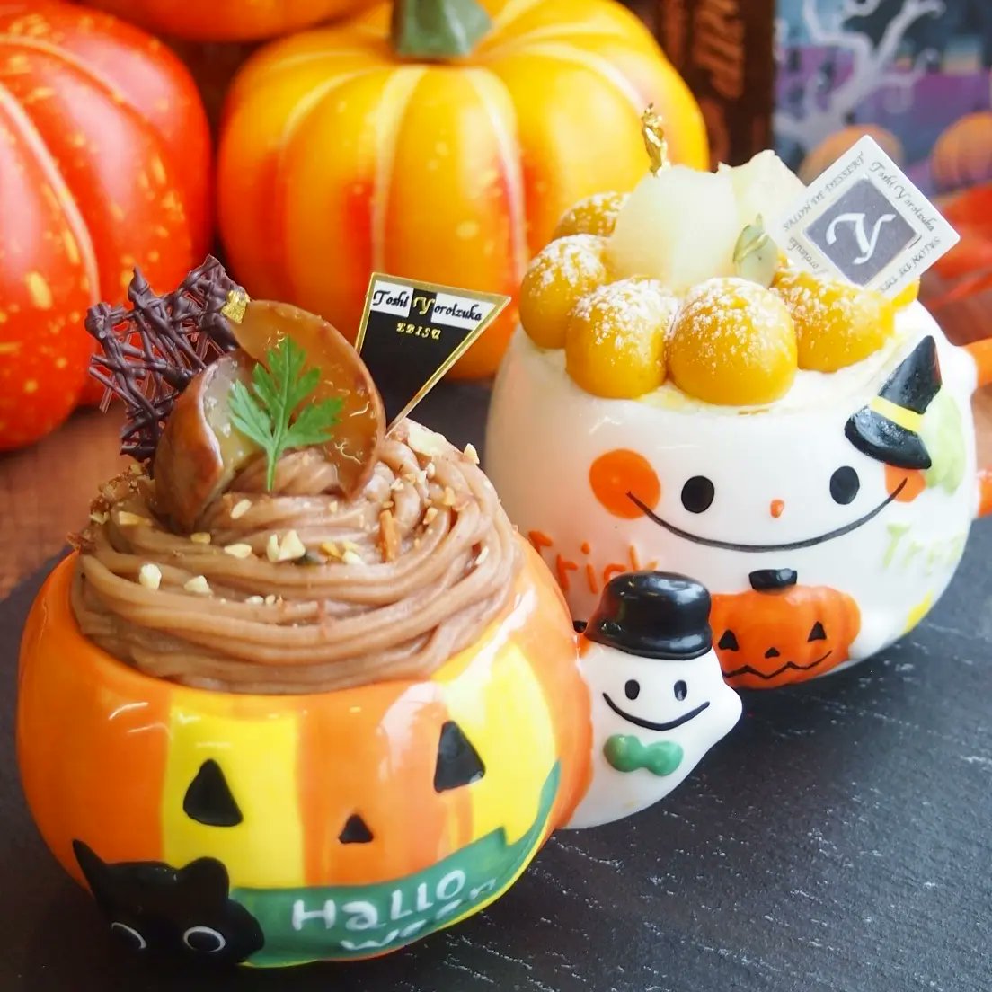 ハロウィンポティロン 🎃
濃厚なかぼちゃプリンに生クリームと洋梨果肉がたっぷり入った限定カップ

ハロウィンモンブラン🎃
マロンムースとマロンクリームにカシスジュレの合わせ、アクセントにリンゴのキャラメリゼを入れた限定カップ

数量期間限定販売ですのでお求めの際はご予約がおすすめです😀