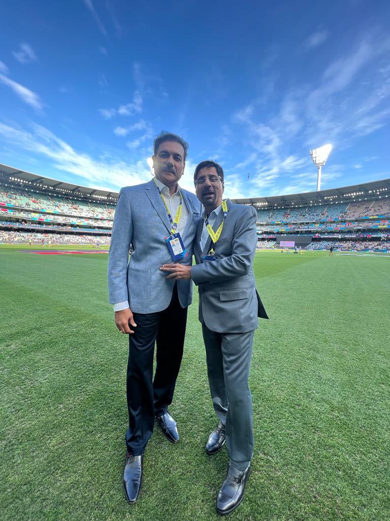 Great to be back at the G with my World Championship 1985 buddy after 37 years. Goosebumps... @KrisSrikkanth @MCG #INDvPAK @ICC @T20WorldCup