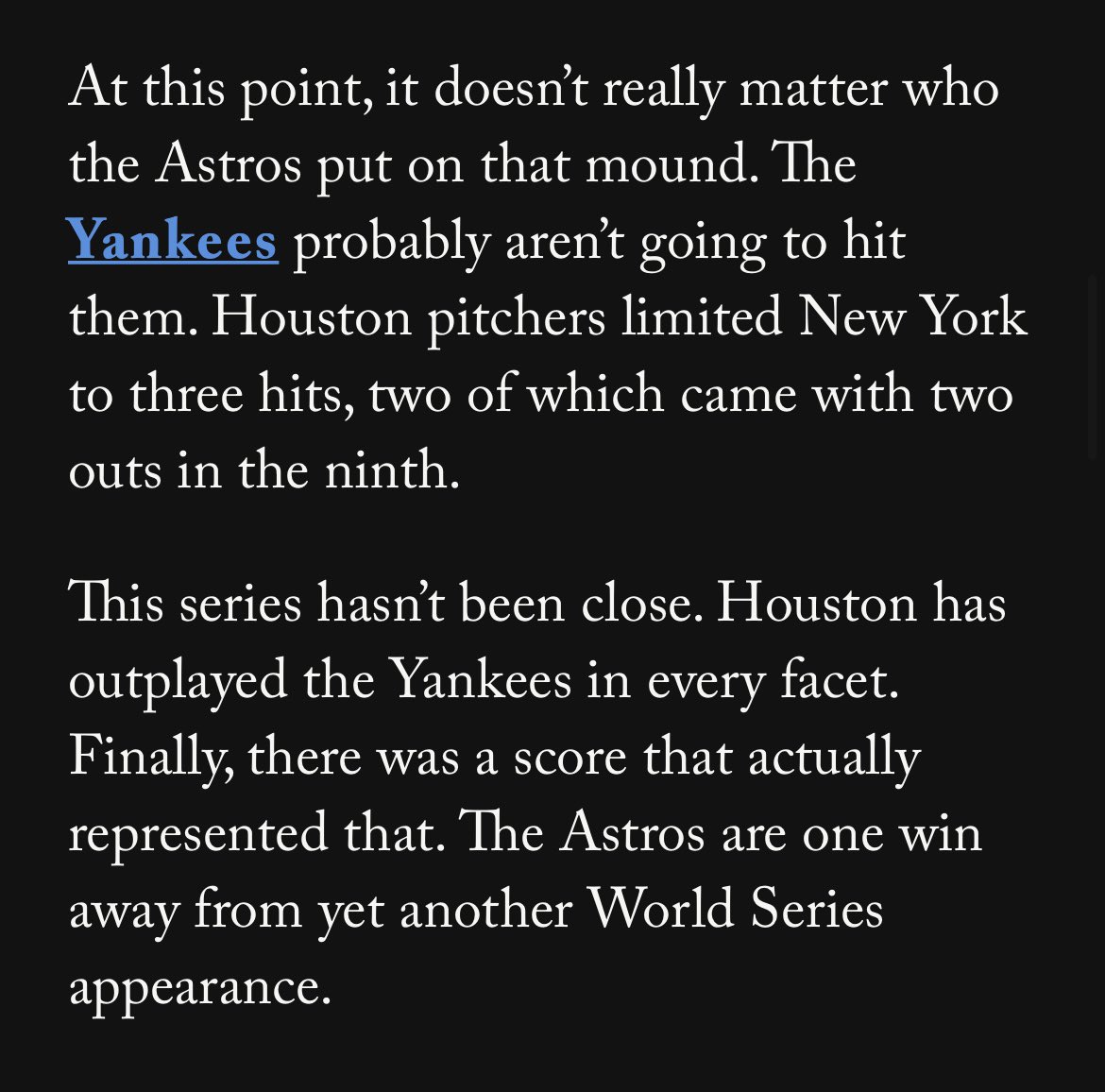 The Astros are a win away from the pennant. @SamBlum3 writes that the ALCS hasn’t been close. theathletic.com/3719878/2022/1…