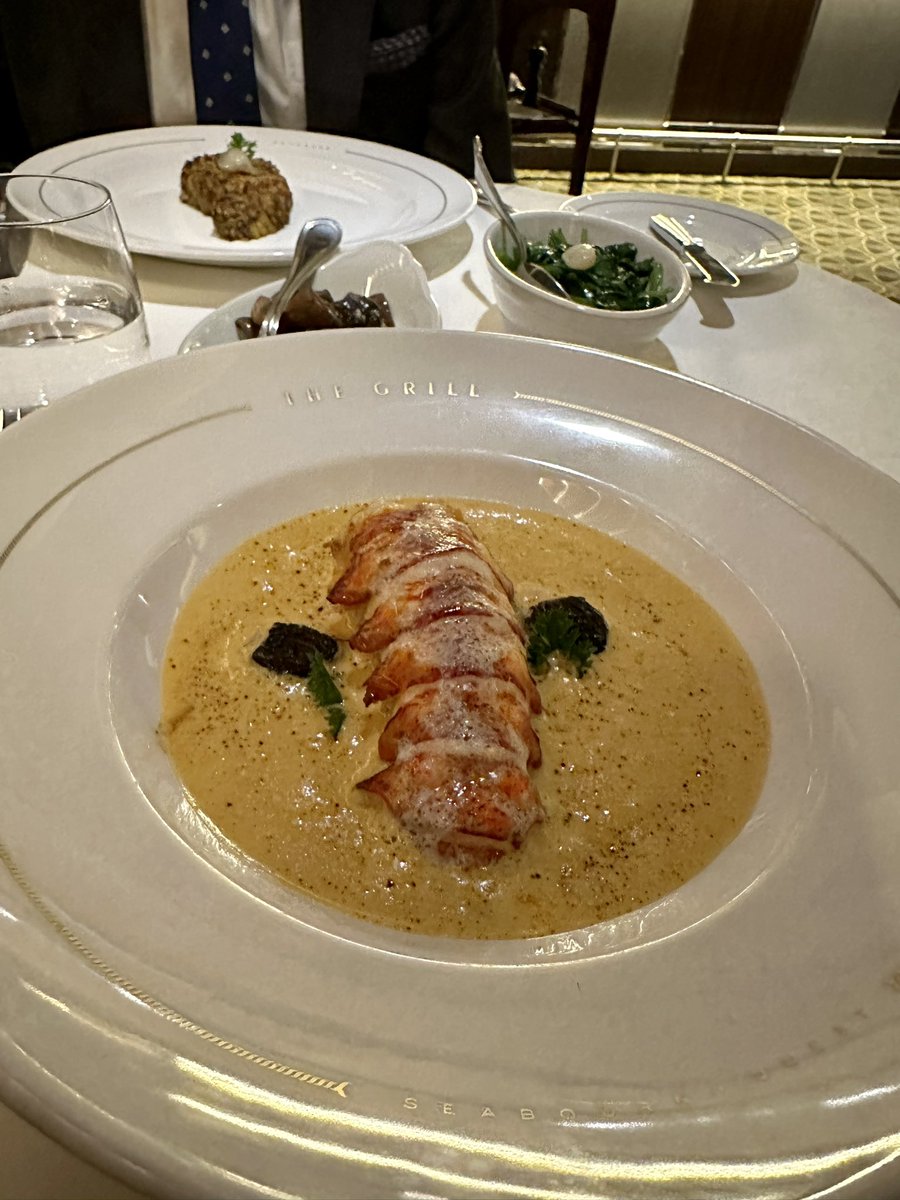 LuxeTiffany's tweet photo. Fabulous dinner at The Grill by Thomas Keller on @SeabournCruise Quest. The ambience felt like a luxurious train car yet we were on a small luxury cruise ship. Lobster Thermidor was tender and flavorful. #SeabournPartner #LuxeTiffany https://t.co/x6LZIkISYo