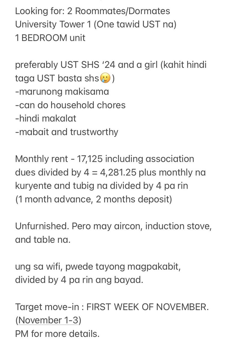 hello!! not db related but help my friend out huhu

tags: ust dorm, ust condo, ust shs, thomasian ust dorm for rent, ust condo for rent, dormmate, roommate, españa