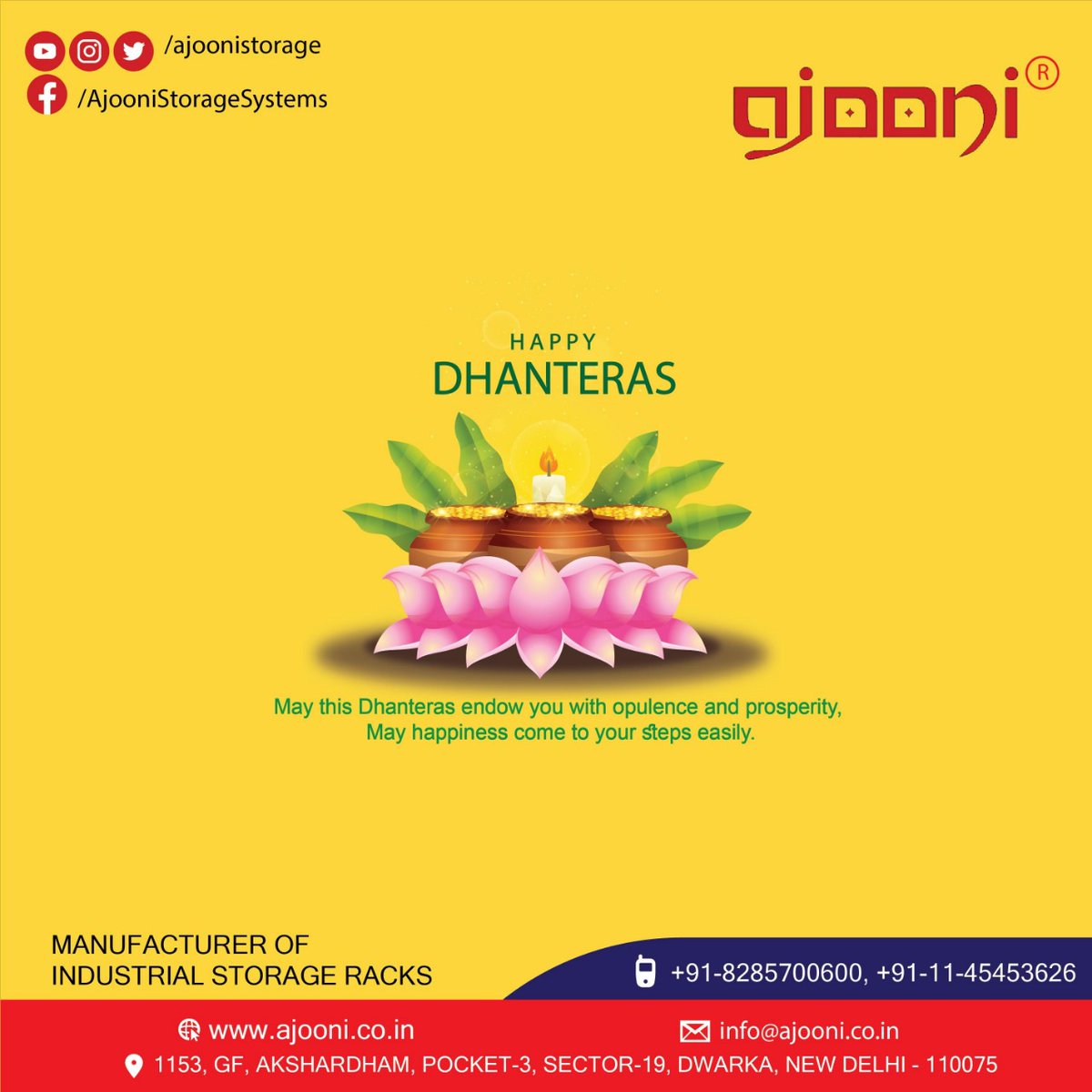 SteelRacks's tweet photo. Warm wishes to you are your family on the auspicious occasion of Dhanteras. May Lord Kuber and Goddess Lakshmi shower you with wealth and prosperity.
#HappyDhanteras
#AjooniStorageSystems #StorageRacks #PalletRacks https://t.co/A8OPJMovlf