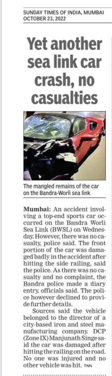 Yet another #carcrash on #BandraWorliSealink. No injuries.