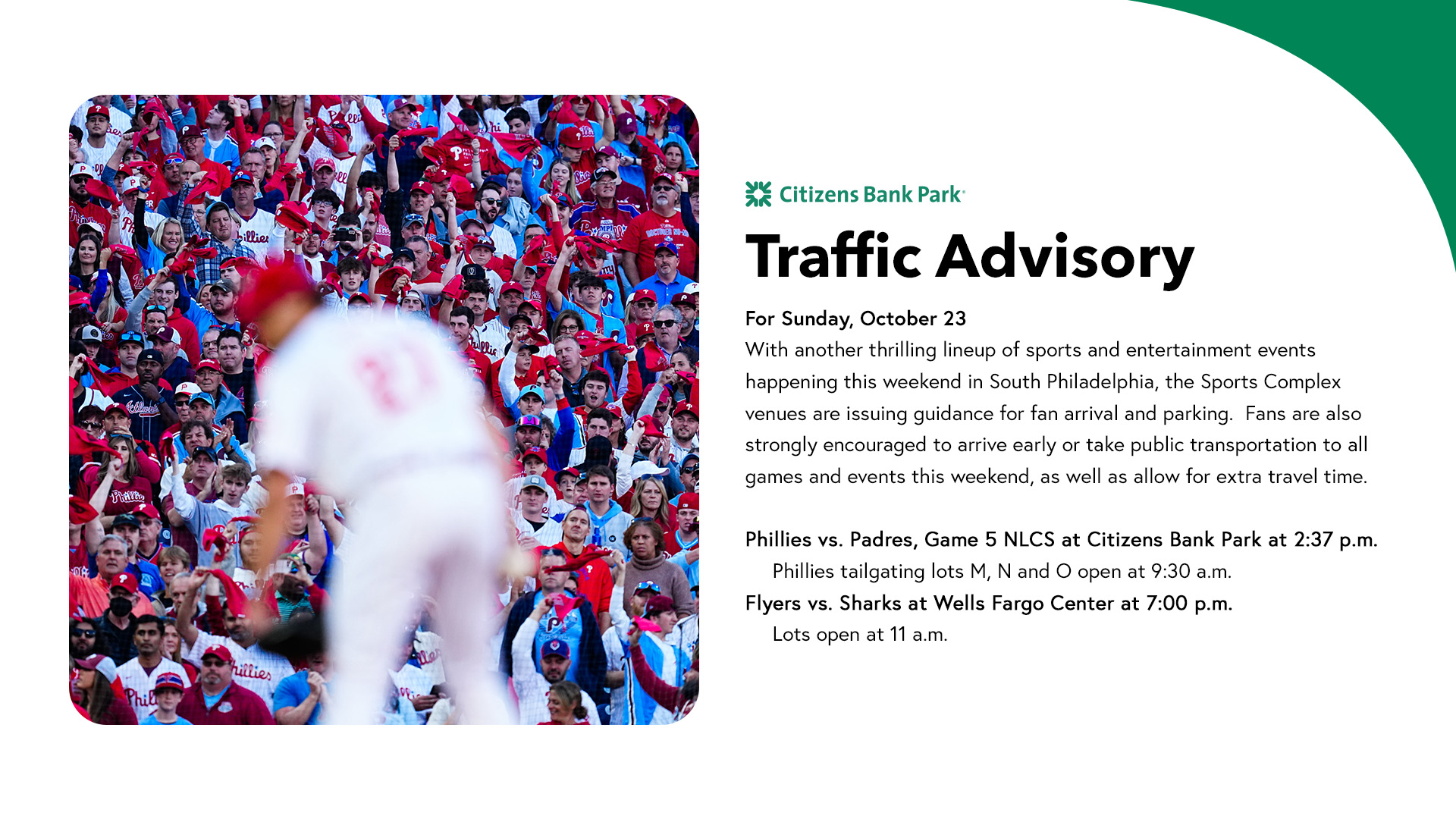 Citizens Bank Park Traffic Advisory For Sunday October 23 Fans Are Strongly Encouraged To Arrive Early Or Take Public Transportation To All Games And Events This Weekend As