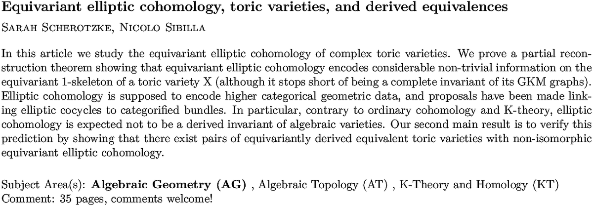 arxiv.org/abs/2210.10862…
S Scherotzke, N Sibilla
Equivariant elliptic cohomology, toric varieties, and derived
  equivalences