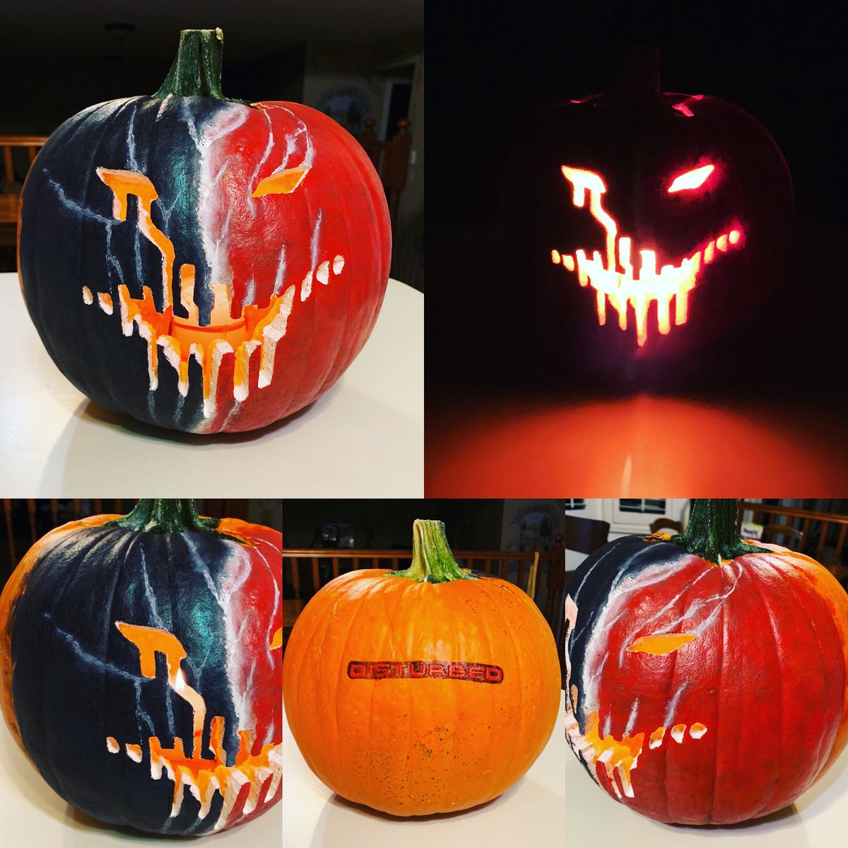 TheJasAlexander's tweet photo. I’m baaaack!  Sorry for the long absence everyone: I was healing, moving and settling into my new life!  Updates to come very soon!  In the meantime, here is a pumpkin I carved and painted to commemorate @Disturbed ‘s new album “Divisive!” #disturbedhalloween #disturbedone https://t.co/p3QSWmHrRs