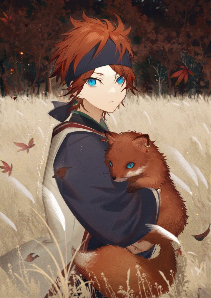 blue eyes 1boy male focus headband red hair looking at viewer animal  illustration images