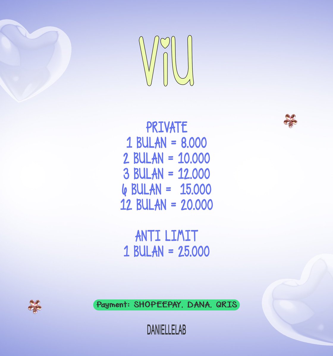 hai kak aku punya yang kakak cari ♡ boleh diliat dulu pricelist nya ya kak, kalau cocok bisa dm aku, aku pasti respon dengan cepat 🌬

𖥻 proof on pinned
𖥻 1OO% trusted &amp; fast respon
𖥻 dana | shopeepay | bca | QRIS 

𓄲 wa.me/6282124019674 💗