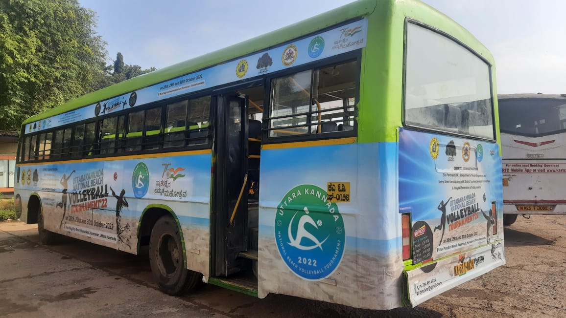 Our buses taking the news of National Beach Volleyball event at #Kasarkod #Beach from 28th of this month all over #Karnataka This event is organised by @dcuttarakannada, @ZpKarwar, @KarnatakaWorld, @dyesdept and @VolleyballIndia @nw_krtc #Hubli