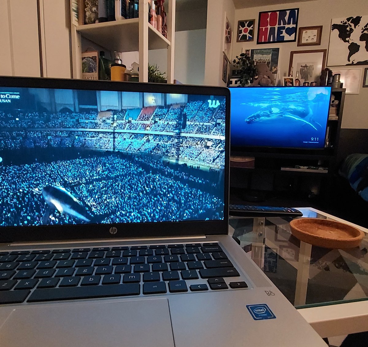 7SparQ's tweet photo. What a show!!! #BTSatBusanConcert 
@bts_bighit @BTS_twt 
It was sooooo good 💜💜💜
During #YetToCome_BTS a whale came over my TV wallpaper !!!!🐋
It was so perfect 🥰 #Borahae https://t.co/d215ydk6vj