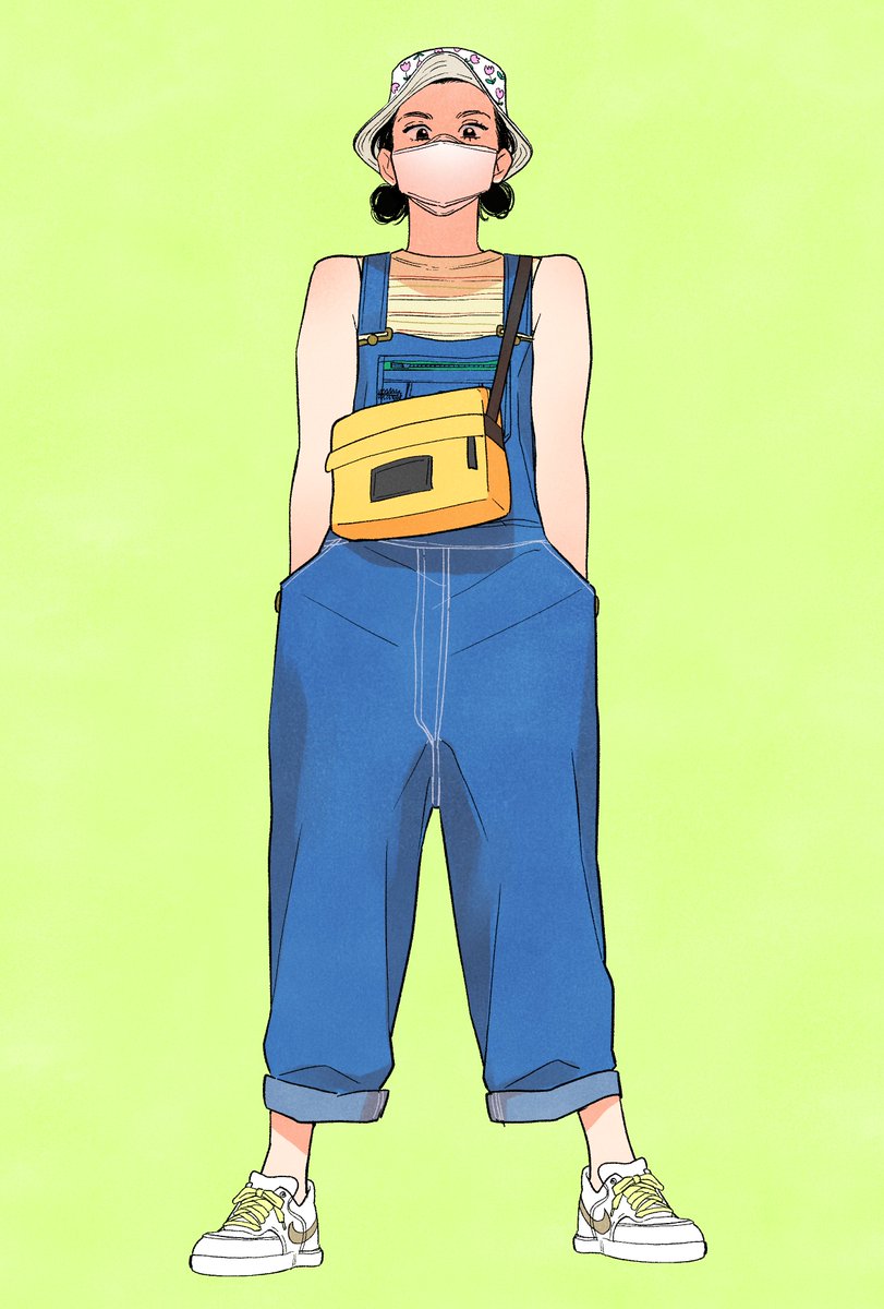 1girl solo shoes mask white footwear overalls hands in pockets  illustration images