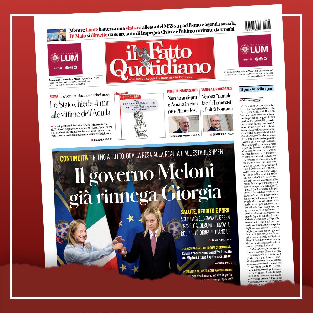 fattoquotidiano's tweet photo. La prima pagina di oggi.
Leggi Il Fatto Quotidiano  
👉 https://t.co/7eOLwr7QDA https://t.co/FPHJSvwtlZ