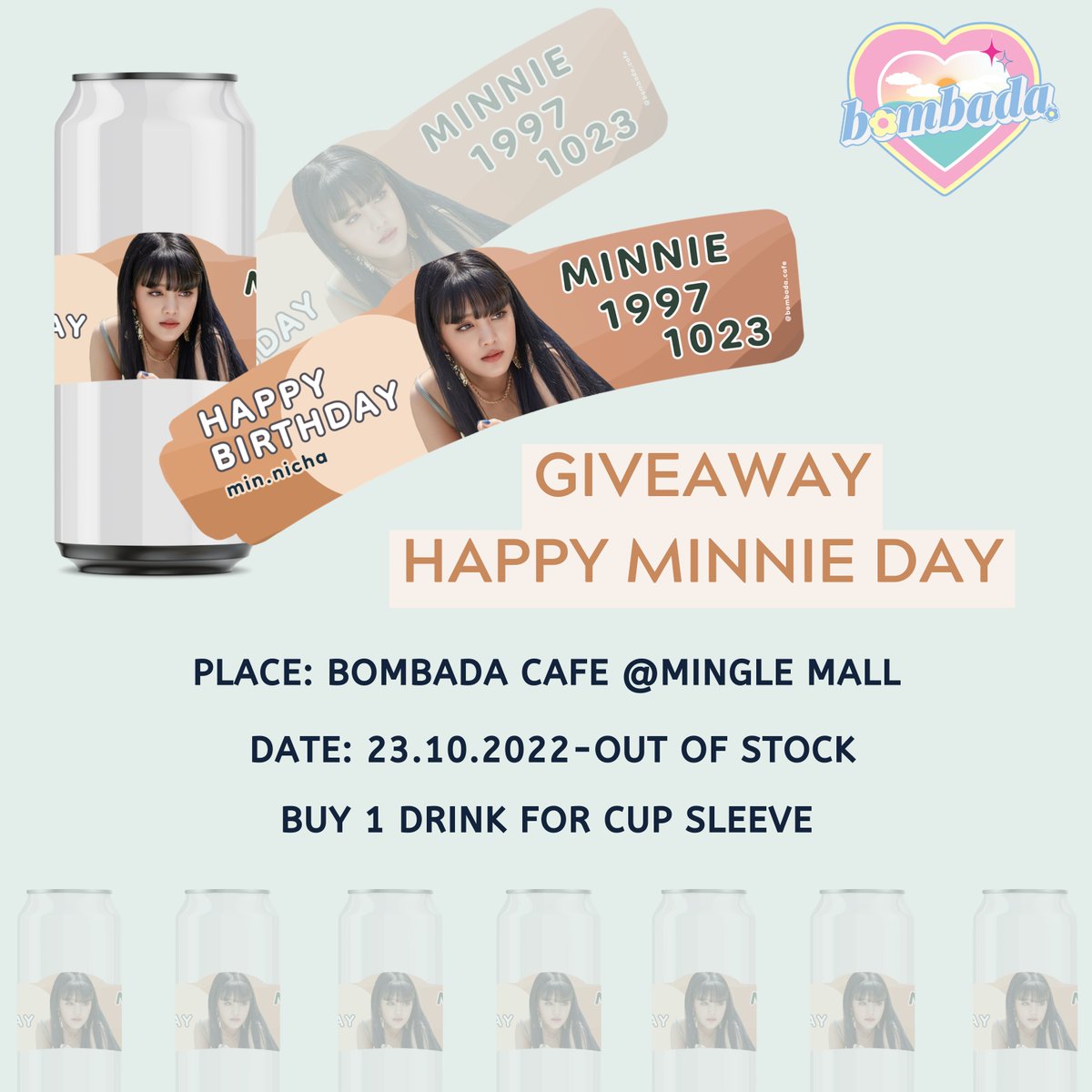 bombada_cafe's tweet photo. 🍋GIVEAWAY🍋
✨ซื้อ 1 เครื่องดื่ม/ Cup Sleeve 1 ชิ้น✨
📍BOMBADA CAFE 
(Mingle Mall ม.กรุงเทพ)
☀️23 October-Out of stock
🕝11.30-21.30 hrs.
🌙มีจำนวนจำกัดนะคะ🌙
#GIDLE #여자아이들 #MINNIE #민니 #GIDLE_Planet #HBD_1023_MINNIE 
#EscapeWithMinnie 
#EscapeWithMinnieDay https://t.co/jkYYRnBmfz