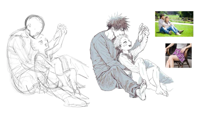 i was thinking about this message again so i made this as a visual example...for this drawing i mainly used these 2 images but in the end the skirt wasn't showing at all so i barely used the other one....usually i can always find something close enough on google 