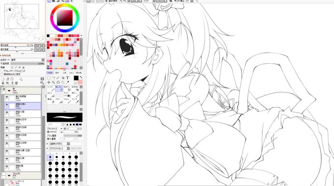 線画できたけど、線画レイヤ-だけで10枚使ったのはひさしぶり。
横顔の練習もかねて 