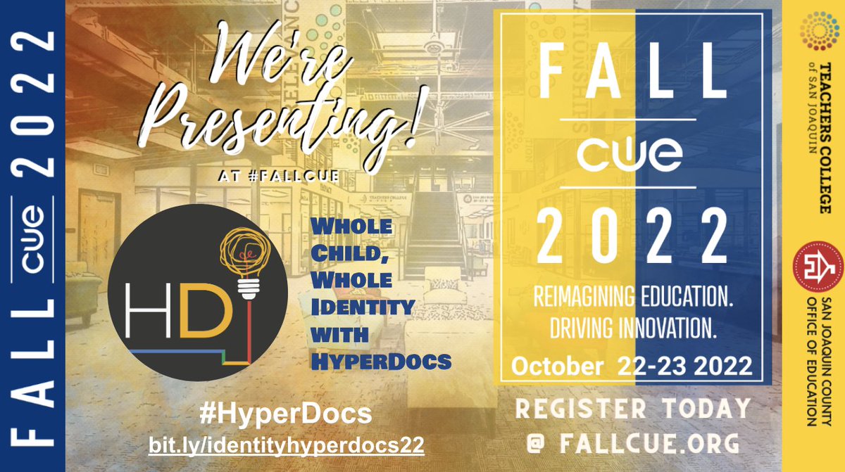 So excited for day 2 of #FallCue22 ! Come and learn with us at 2:30 pm in McKamy room #153! #WeAreCUE #HyperDocs Session resources at bit.ly/identityhyperd… @lhighfill @SARAHLANDIS @cueinc