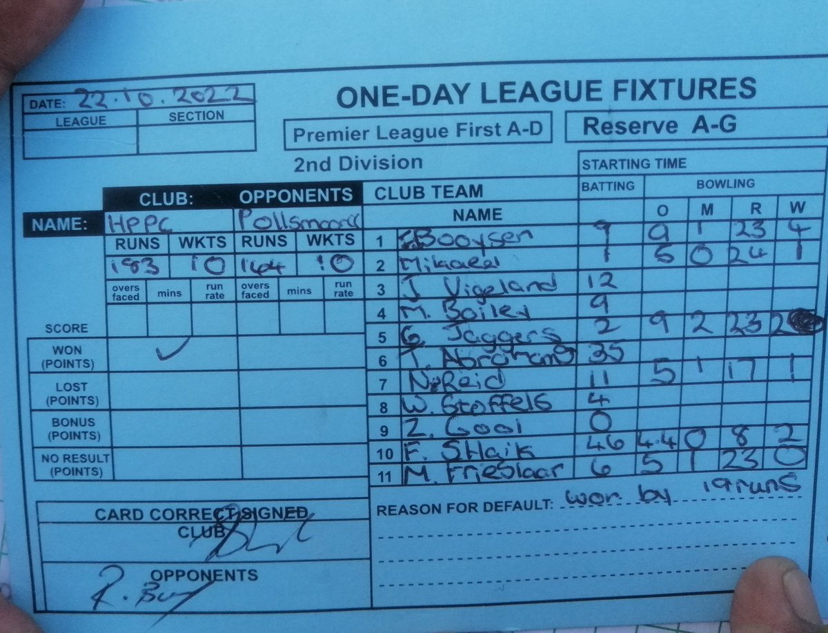 Not a bad start to the cricket season leading the Fishrite Hanover Park Cricket Club 3rd team to victory against Pollsmoor at Rygate in my first official 45 over match after almost 2 decades (46 &amp; 2/8).We made 183 and bowled them out for 164.
<a href="/HPCricketClub/">Hanover Park Cricket Club</a>
#clubcricket