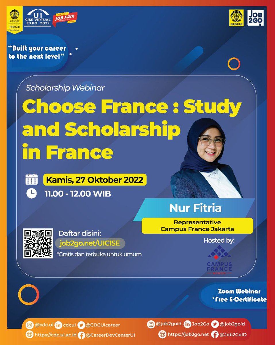 alumniUI's tweet image. Topik: Choose France : Study and Scholarship in France
- Nur Fitria (Representative Campus France Jakarta)
Hari/tanggal: KAMIS, 27 OKTOBER 2022
Waktu: 11:00 - 12:00 WIB
Media: Zoom Webinar
Link pendaftaran: job2go.net/UICISE