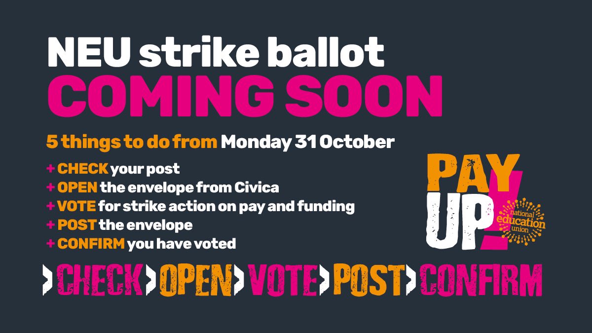 Our formal strike ballot on pay opens from Monday 31st October. Make sure you are ready to vote yes for an above inflation pay rise. #EducatorsDeserveBetter #PayUp