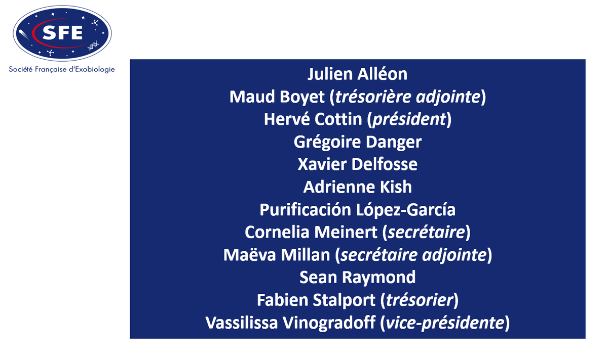SFExobio's tweet photo. Cette semaine, la Société Française d'Exobiologie a élu son nouveau conseil d'administration, qui sera désormais renouvelé par moitié tous les deux ans.
@AdrienneKish @MaevaMillan @ConnyCNRS @gregoiredanger @sraymond_astro @hcottin https://t.co/tDs3j4RCt3