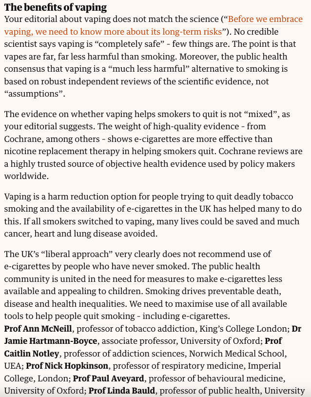 cjsnowdon's tweet photo. Letter from 16 public health academics responding to the Observer's weird anti-vaping editorial. https://t.co/CQVHdAdchi https://t.co/jhXMGAI5qP