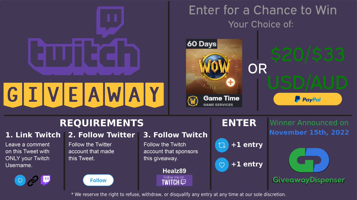 GIVEAWAY GIVEAWAY GIVEAWAY

World of Warcraft: 60 Days Game Time or $20USD/$33AUD

Giveaway Ends: November 15th, 2022

#TwitchStreamer #Twitch #Warcraft #WorldOfWarcraft #GiveawayDispenser #Giveaway

<a href="/Warcraft/">World of Warcraft</a>