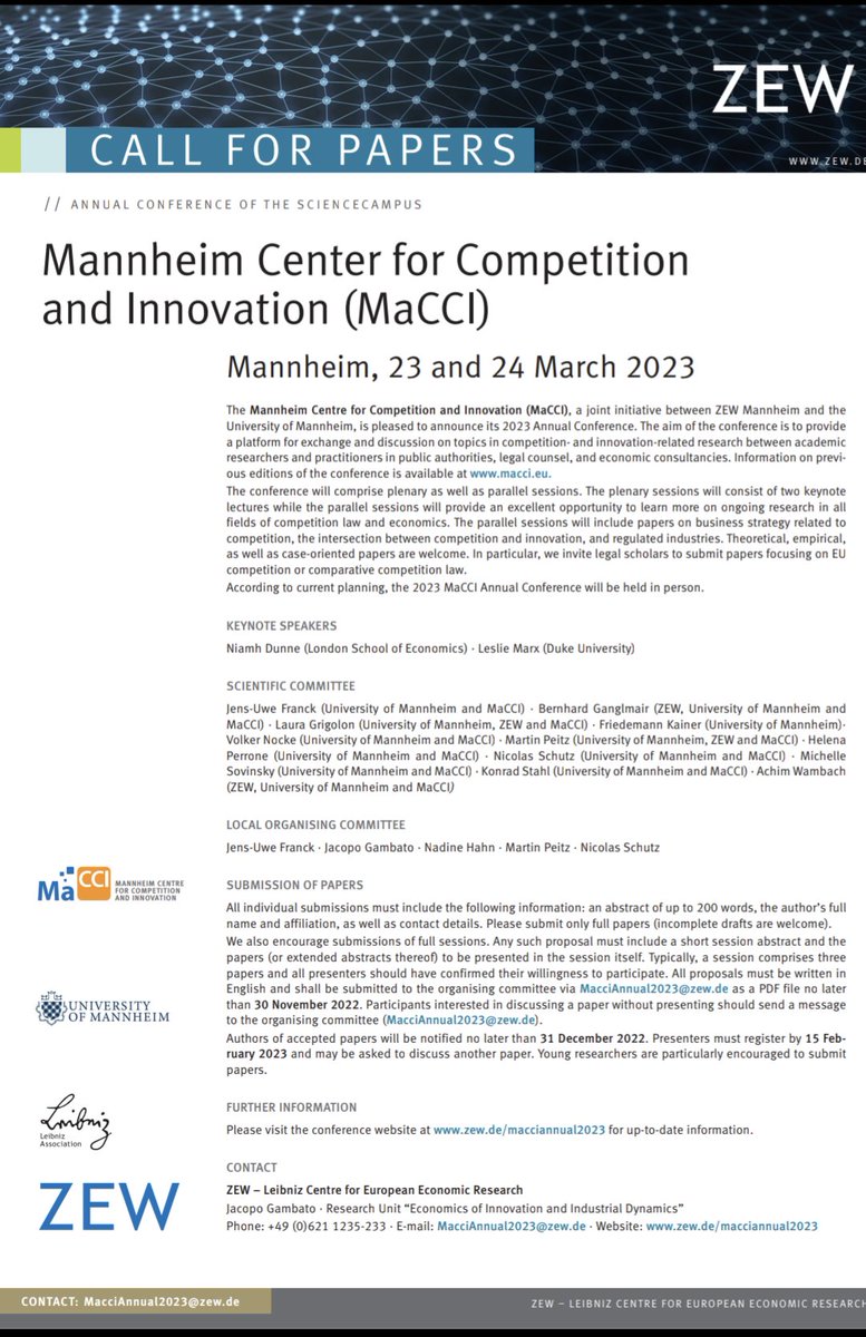 MaCCIcomp's tweet photo. 🚨🚨 Call for papers 🚨🚨

#MaCCI Annual Conference 2023.

Submit your papers, anything competition related, by November 30, 2022.

Conference in Mannheim on March 23-24, 2023

Check out https://t.co/px2LNAVSU1 for more details https://t.co/9G5uusGo3d