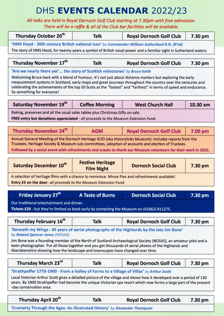 HistorylinksC's tweet photo. As we head into winter the museum will close on 30th October, but we have some fantastic talks coming up! #visitdornoch #visitscotland #museums #wintertalks https://t.co/J0gNL68y5Z